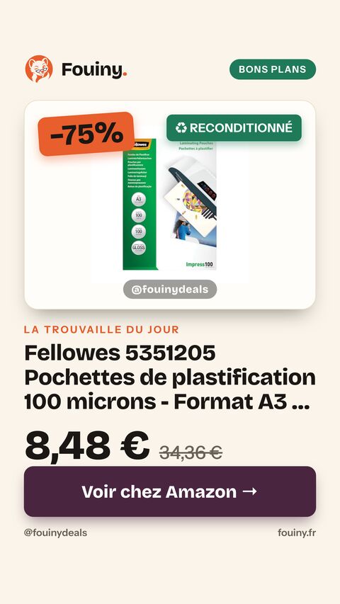 Fellowes 5351205 Pochettes de plastification 100 microns - Format A3 - Pack de 100 pochettes - Technologie ImageLast Lot de 100
