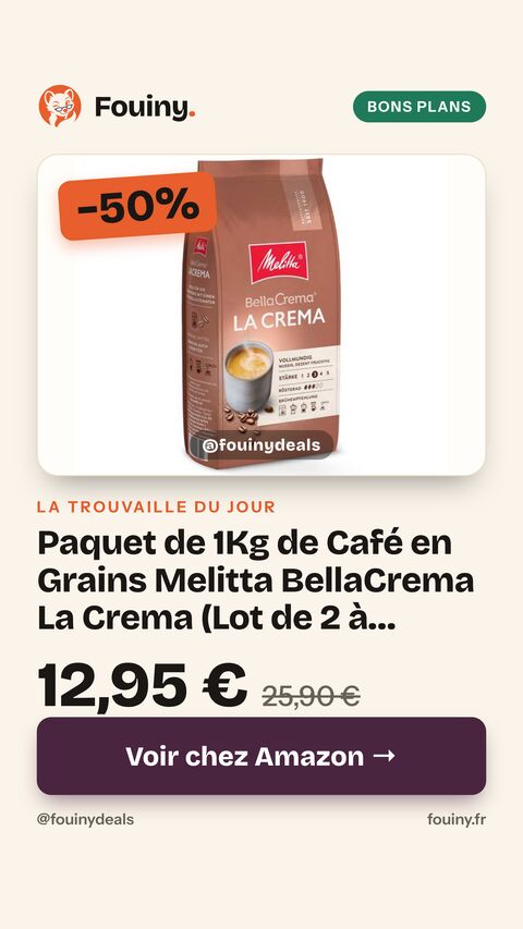 Paquet de 1Kg de Café en Grains Melitta BellaCrema La Crema (Lot de 2 à 25,90€)