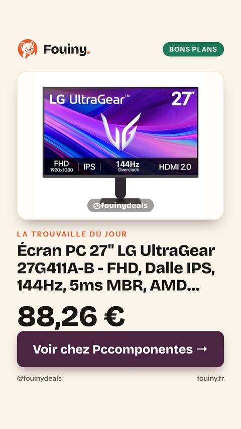 Écran PC 27" LG UltraGear 27G411A-B - FHD, Dalle IPS, 144Hz, 5ms MBR, AMD FreeSync & G-Sync Compatible, HDR10