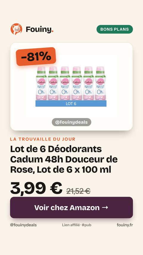 Lot de 6 Déodorants Cadum 48h Douceur de Rose, Lot de 6 x 100 ml