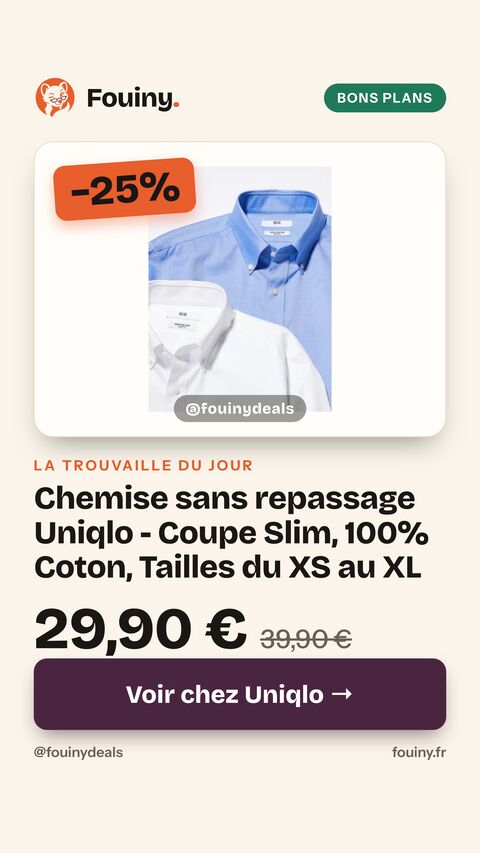 Chemise sans repassage Uniqlo - Coupe Slim, 100% Coton, Tailles du XS au XL