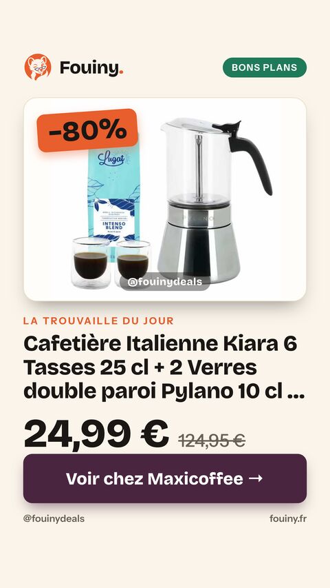 Cafetière Italienne Kiara 6 Tasses 25 cl + 2 Verres double paroi Pylano 10 cl + Café Lugat - 250g