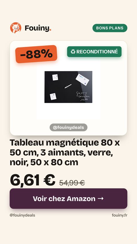 Tableau magnétique 80 x 50 cm, 3 aimants, verre, noir, 50 x 80 cm
