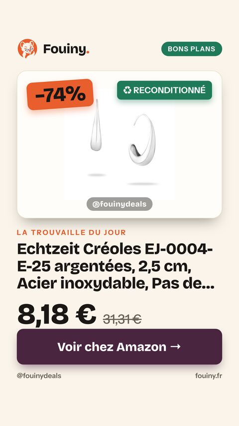 Echtzeit Créoles EJ-0004-E-25 argentées, 2,5 cm, Acier inoxydable, Pas de gemme 2,5 cm
